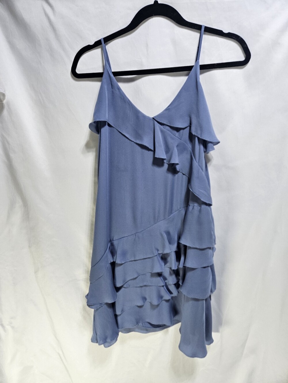 Parker 100% Silk Ruffle Mini Slip Dress Blue XS Layered Spaghetti Strap Cocktail